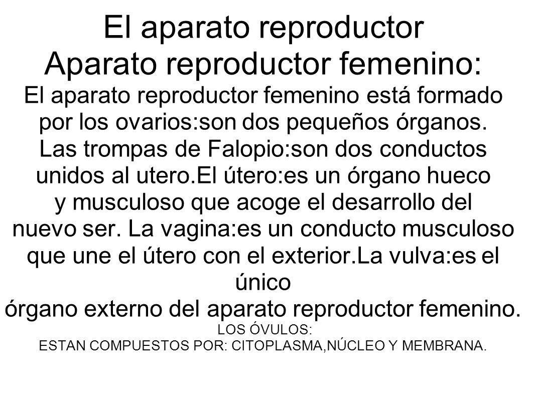 El aparato reproductor Aparato reproductor femenino: El aparato reproductor femenino está formado por los ovarios:son dos pequeños órganos.