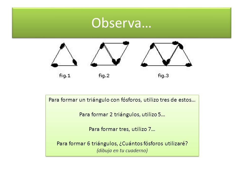 Observa… Para formar un triángulo con fósforos, utilizo tres de estos…