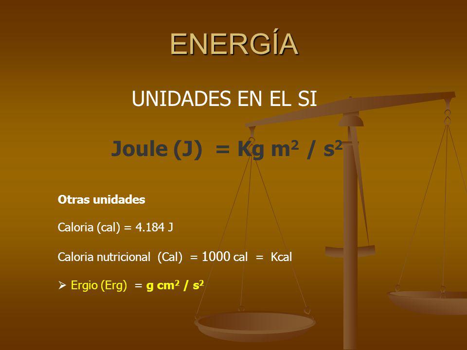 ENERGÍA UNIDADES EN EL SI Joule (J) = Kg m2 / s2 Otras unidades