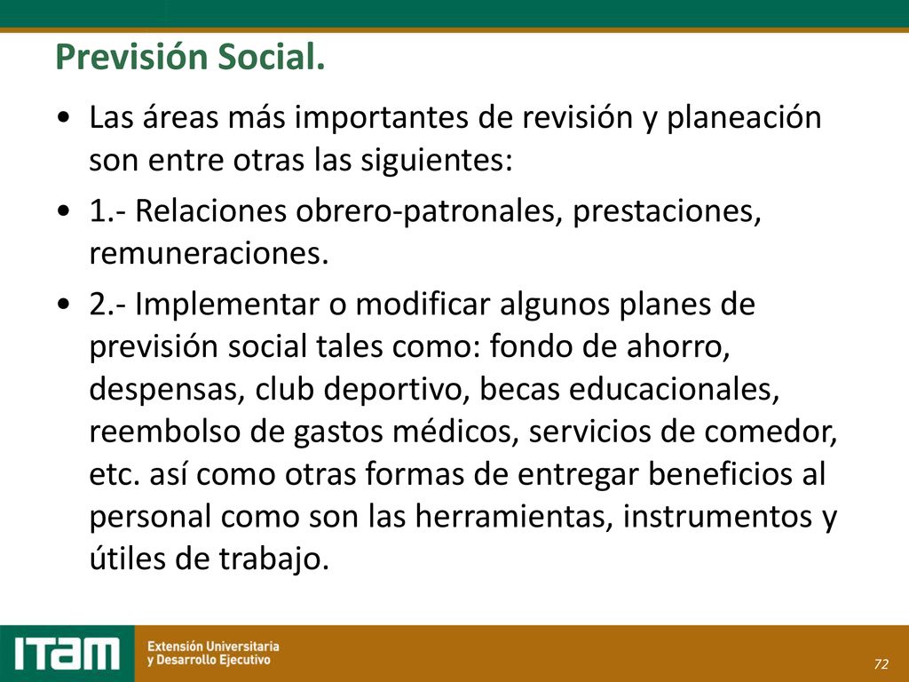 Previsión Social. Las áreas más importantes de revisión y planeación son entre otras las siguientes: