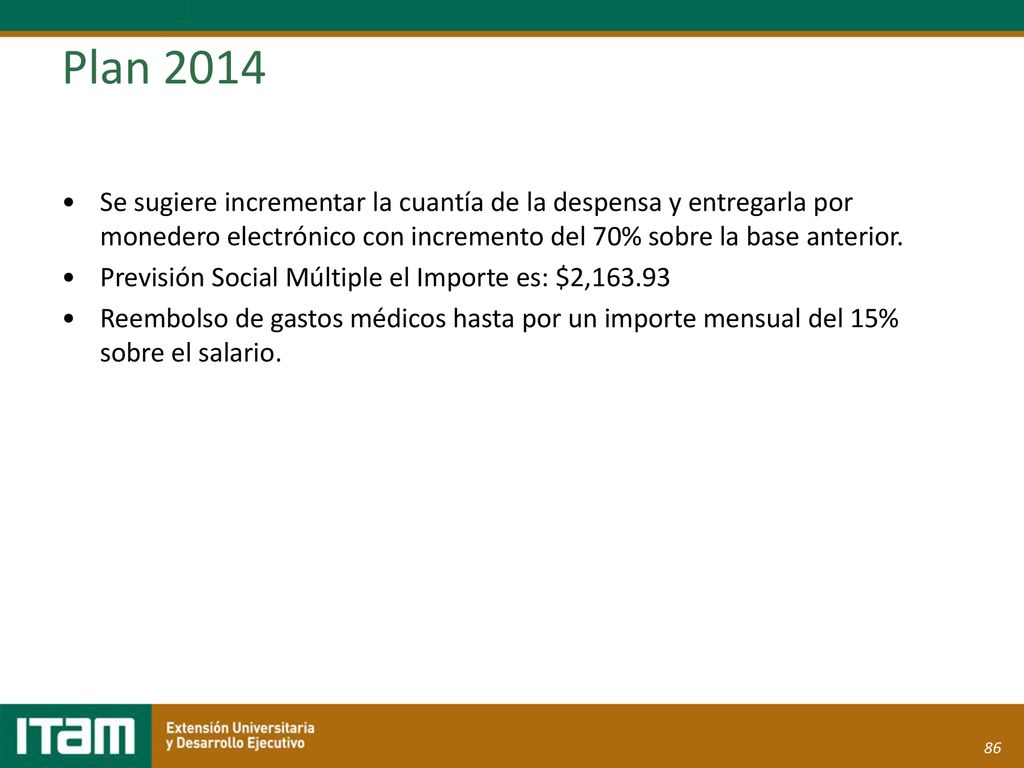 Plan 2014 Se sugiere incrementar la cuantía de la despensa y entregarla por monedero electrónico con incremento del 70% sobre la base anterior.
