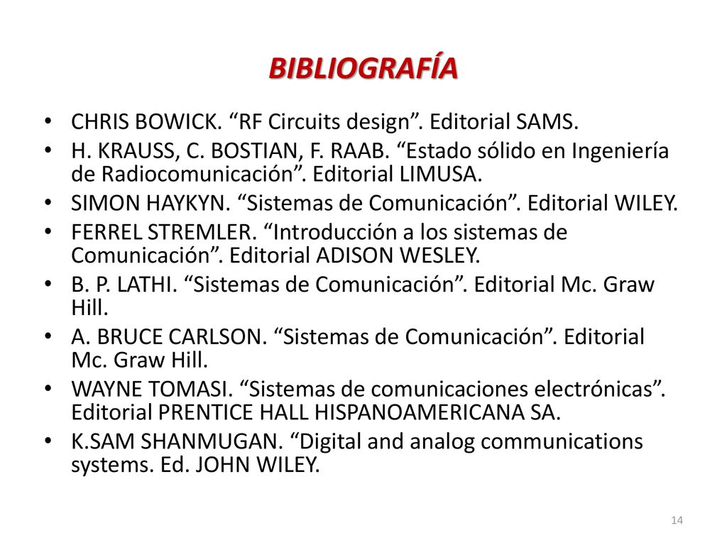 BIBLIOGRAFÍA CHRIS BOWICK. RF Circuits design . Editorial SAMS.