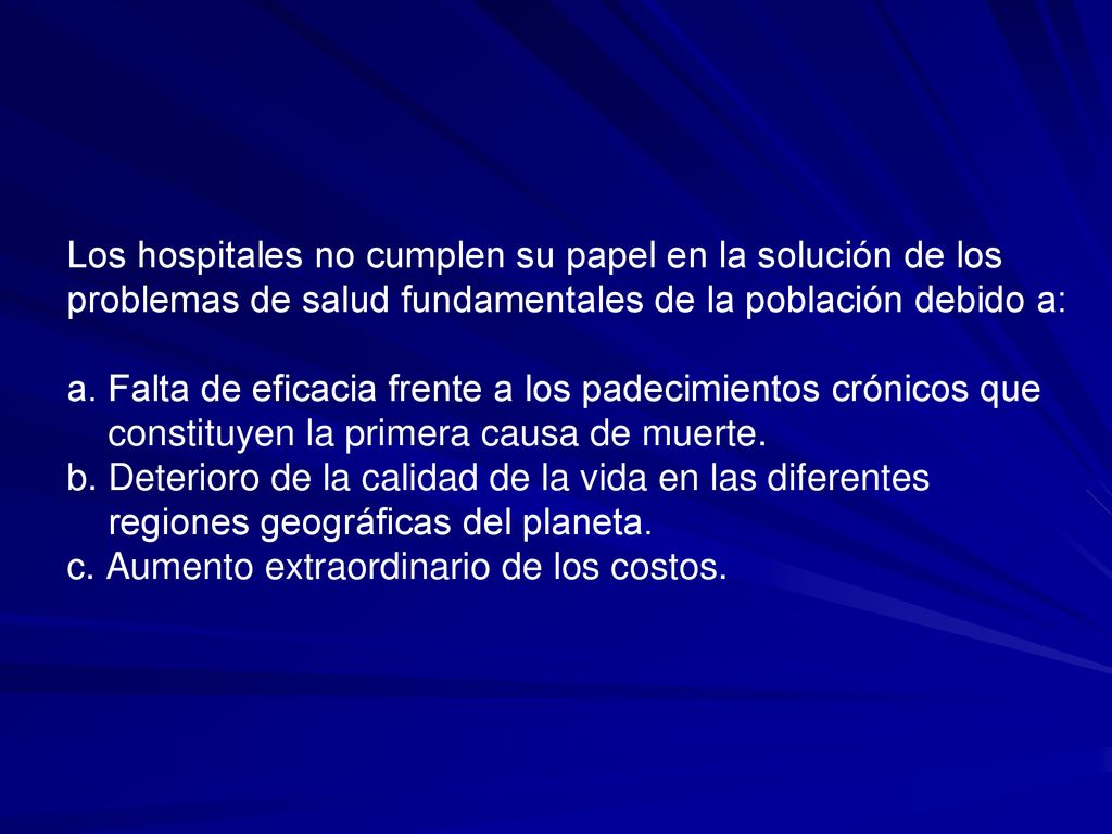 Los hospitales no cumplen su papel en la solución de los problemas de salud fundamentales de la población debido a: a.