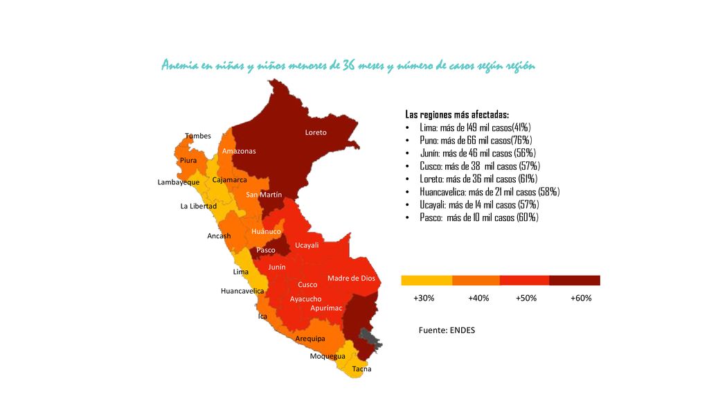 Anemia en niñas y niños menores de 36 meses y número de casos según región