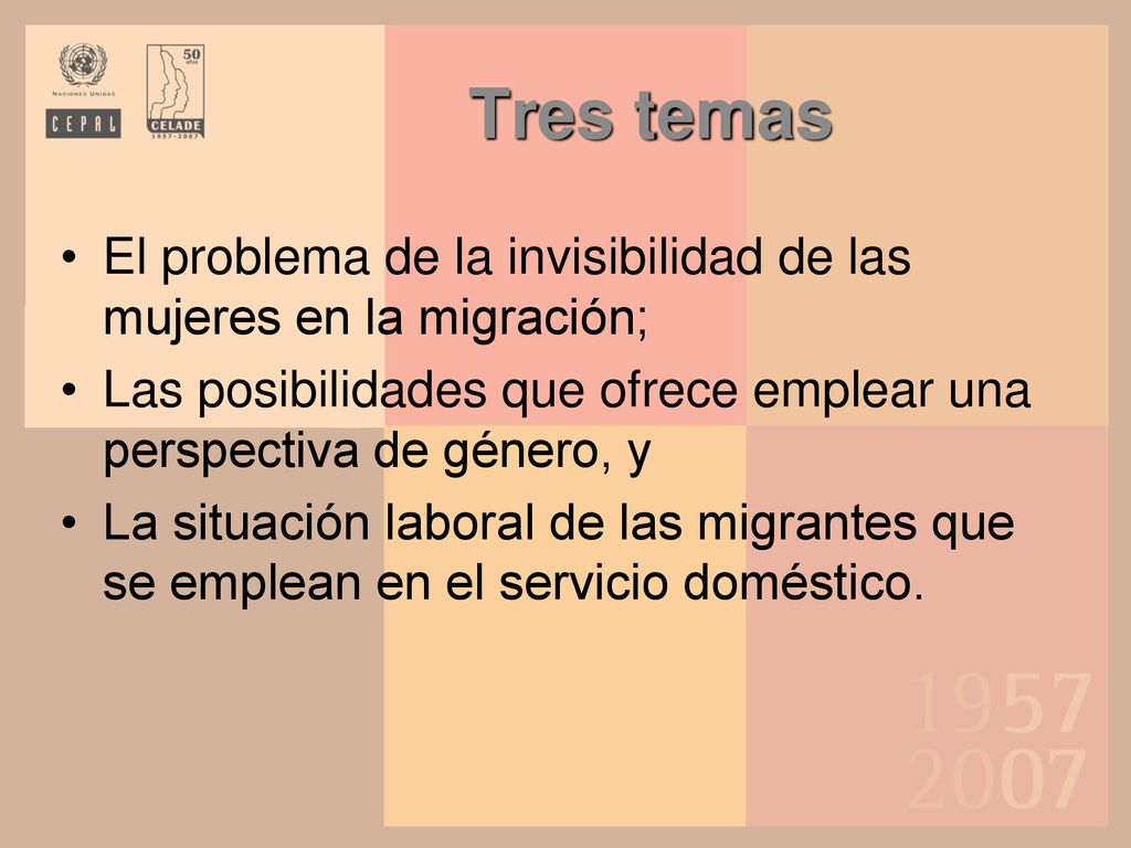 Tres temas El problema de la invisibilidad de las mujeres en la migración; Las posibilidades que ofrece emplear una perspectiva de género, y.