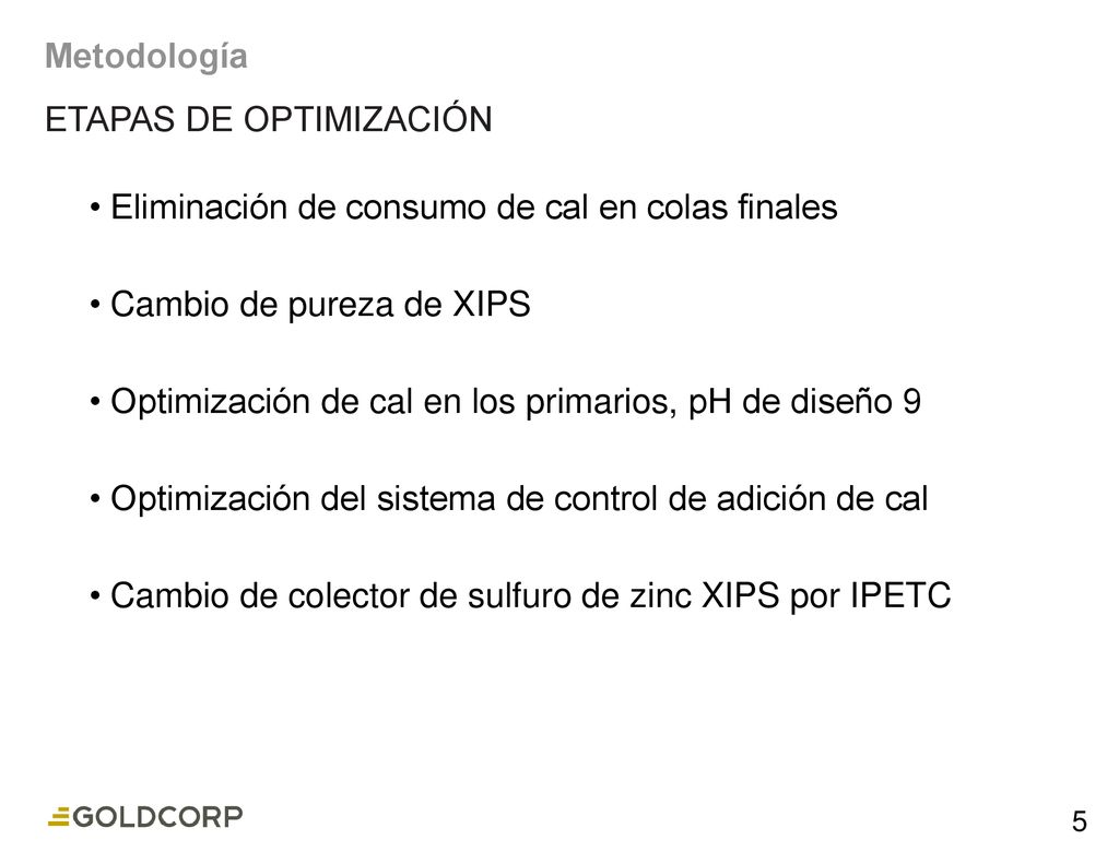 Metodología ETAPAS DE OPTIMIZACIÓN. Eliminación de consumo de cal en colas finales. Cambio de pureza de XIPS.