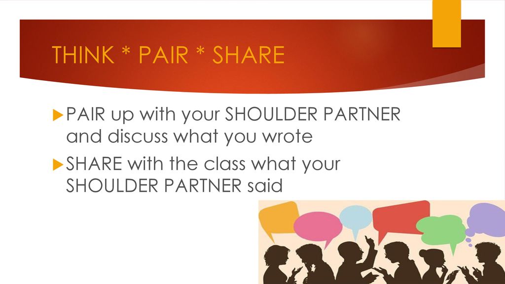 THINK * PAIR * SHARE PAIR up with your SHOULDER PARTNER and discuss what you wrote.