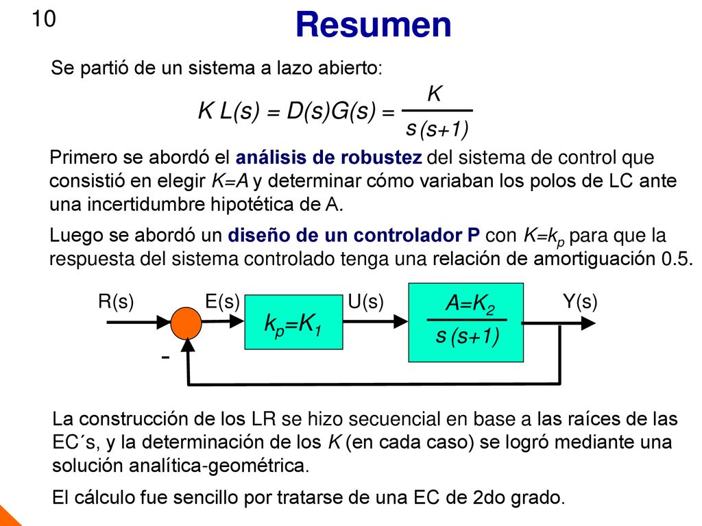 Resumen - 10 K L(s) = D(s)G(s) = kp=K1 K s (s+1) A=K2 s (s+1)