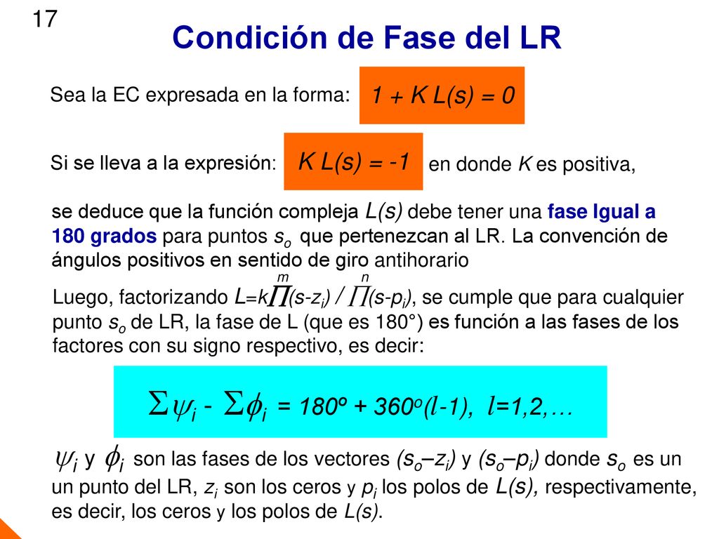 yi -fi = 180º + 360o(l-1), l=1,2,… Condición de Fase del LR