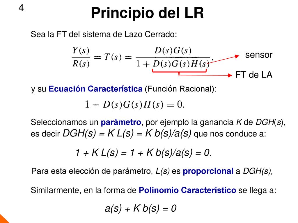 Principio del LR K L(s) = 1 + K b(s)/a(s) = 0. a(s) + K b(s) = 0