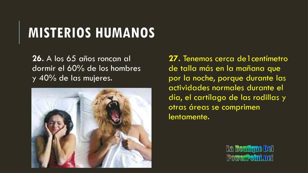 Misterios humanos 26. A los 65 años roncan al dormir el 60% de los hombres y 40% de las mujeres.