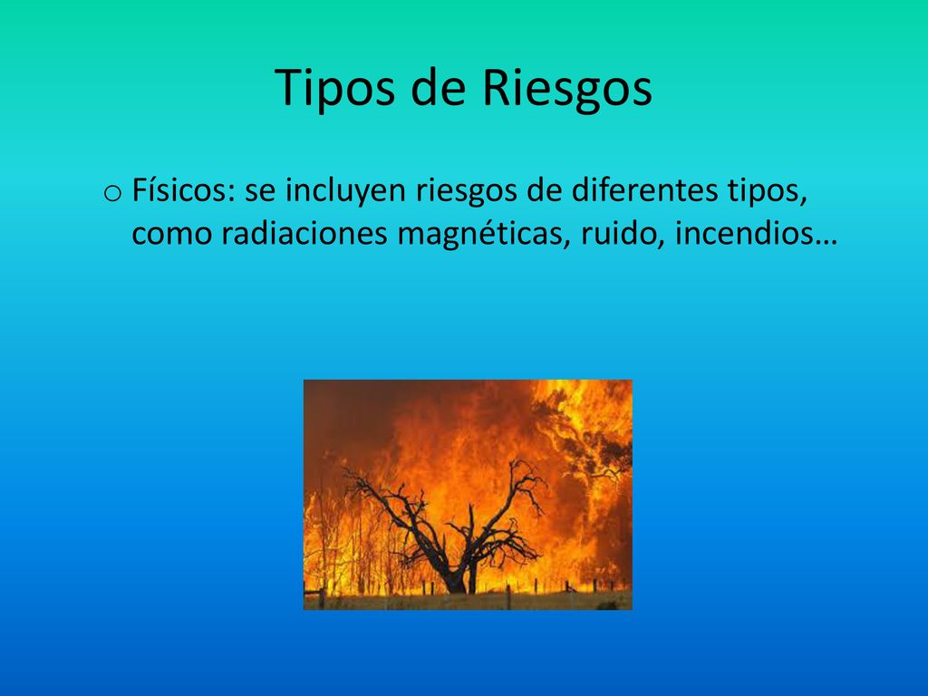 Tipos de Riesgos Físicos: se incluyen riesgos de diferentes tipos, como radiaciones magnéticas, ruido, incendios…