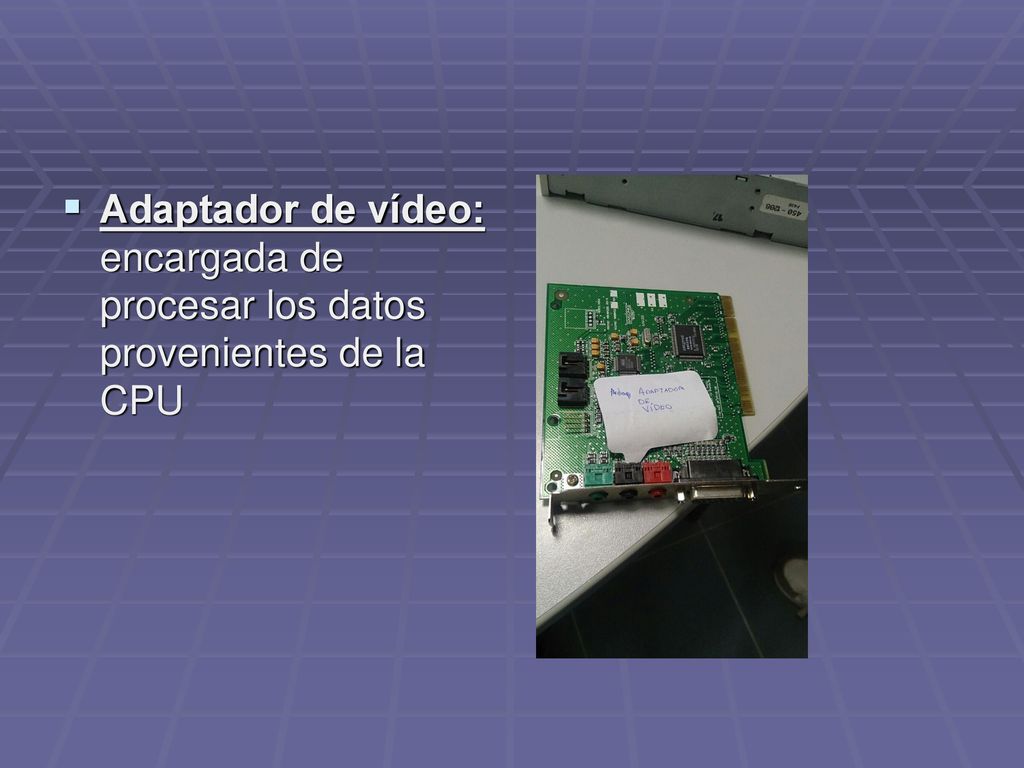 Adaptador de vídeo: encargada de procesar los datos provenientes de la CPU