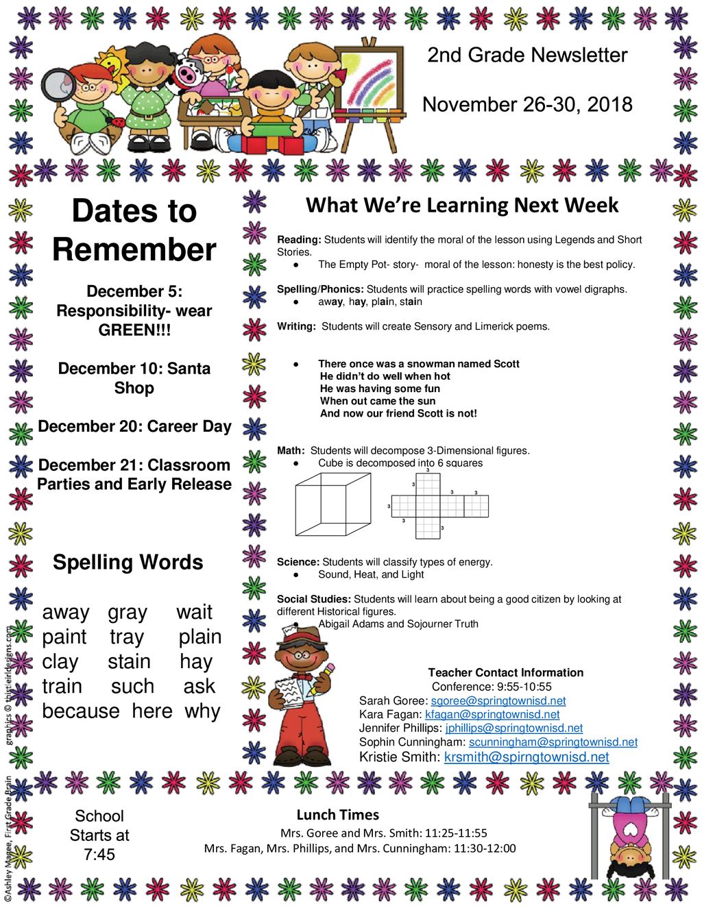Dates to Remember What We’re Learning Next Week 2nd Grade Newsletter