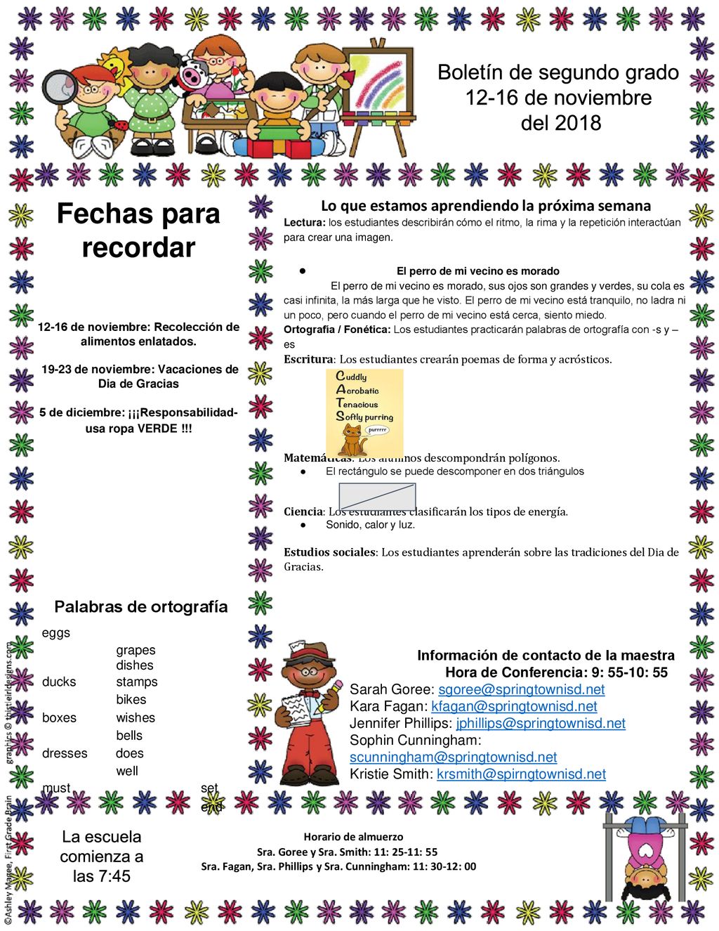 Fechas para recordar Boletín de segundo grado de noviembre