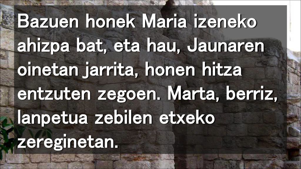 Bazuen honek Maria izeneko ahizpa bat, eta hau, Jaunaren oinetan jarrita, honen hitza entzuten zegoen.