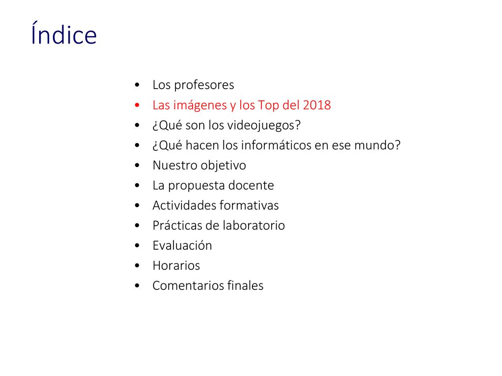 Índice Los profesores Las imágenes y los Top del 2018