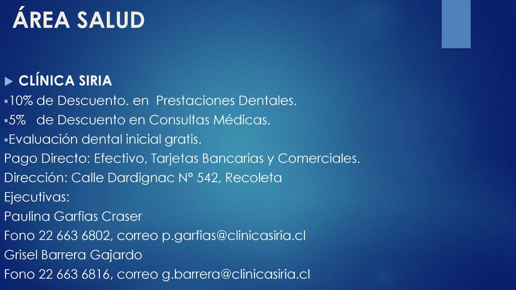 ÁREA SALUD CLÍNICA SIRIA 10% de Descuento. en Prestaciones Dentales.