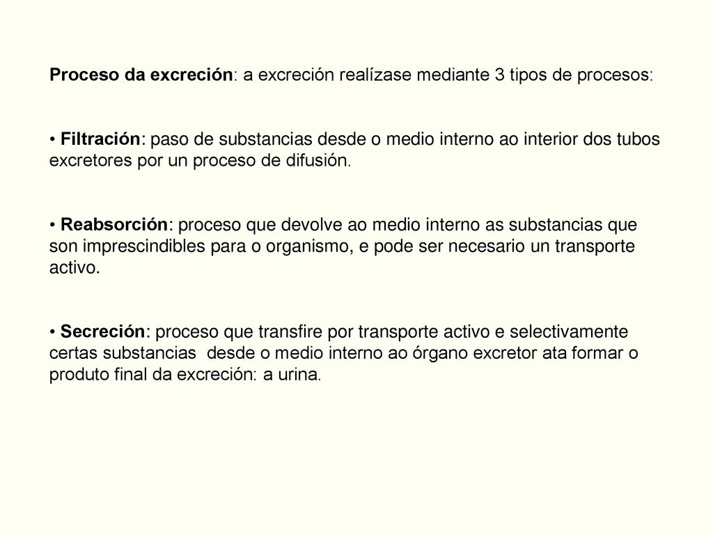 Proceso da excreción: a excreción realízase mediante 3 tipos de procesos: