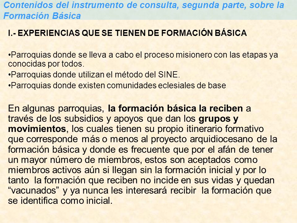 Contenidos del instrumento de consulta, segunda parte, sobre la Formación Básica