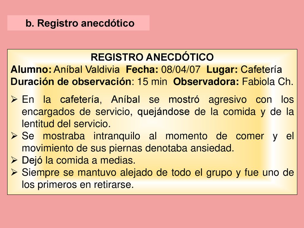 b. Registro anecdótico REGISTRO ANECDÓTICO. Alumno: Aníbal Valdivia Fecha: 08/04/07 Lugar: Cafetería.