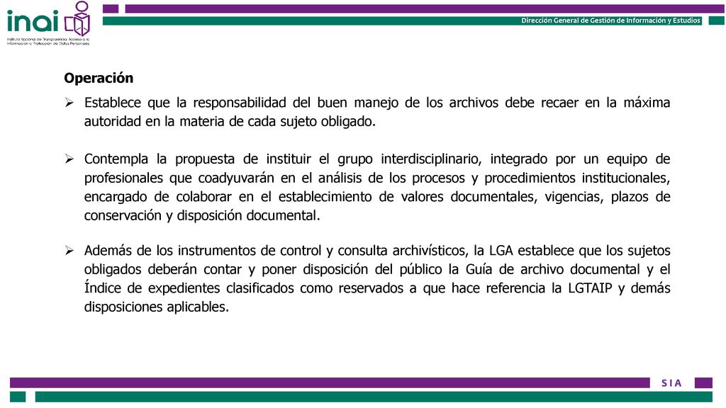Operación Establece que la responsabilidad del buen manejo de los archivos debe recaer en la máxima autoridad en la materia de cada sujeto obligado.