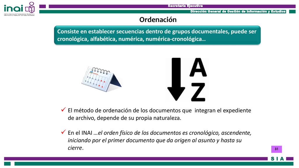 Ordenación Consiste en establecer secuencias dentro de grupos documentales, puede ser cronológica, alfabética, numérica, numérica-cronológica…