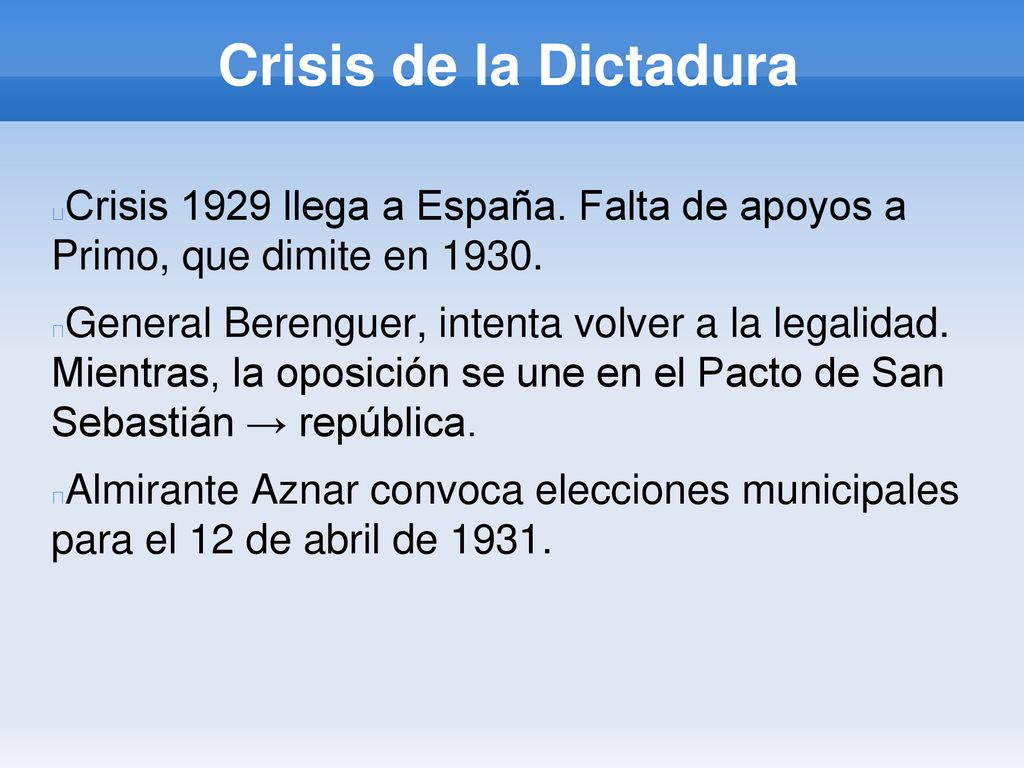 Crisis de la Dictadura Crisis 1929 llega a España. Falta de apoyos a Primo, que dimite en
