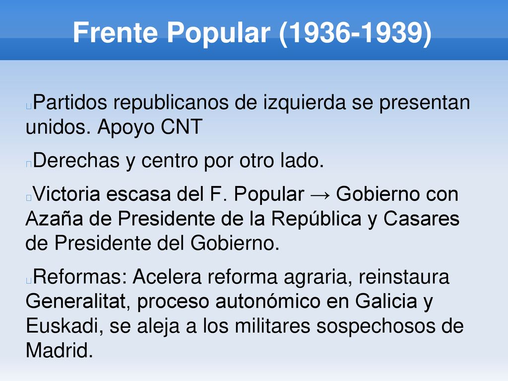 Frente Popular ( ) Partidos republicanos de izquierda se presentan unidos. Apoyo CNT. Derechas y centro por otro lado.