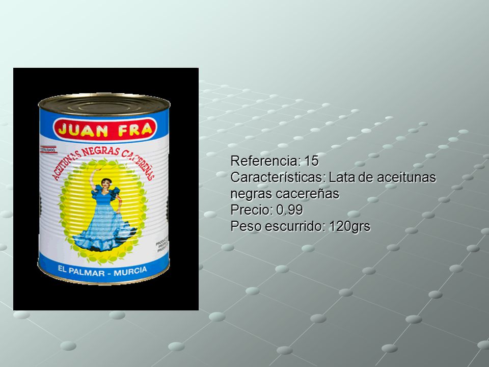 Referencia: 15 Características: Lata de aceitunas negras cacereñas Precio: 0.99 Peso escurrido: 120grs