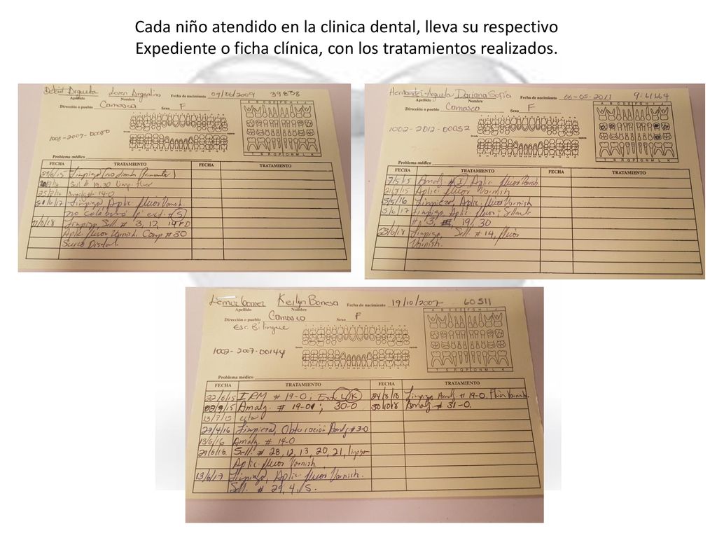 Cada niño atendido en la clinica dental, lleva su respectivo Expediente o ficha clínica, con los tratamientos realizados.
