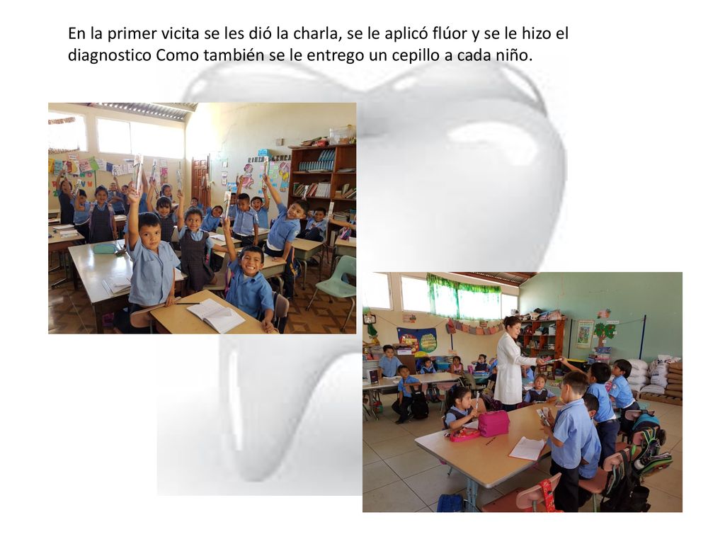 En la primer vicita se les dió la charla, se le aplicó flúor y se le hizo el diagnostico Como también se le entrego un cepillo a cada niño.
