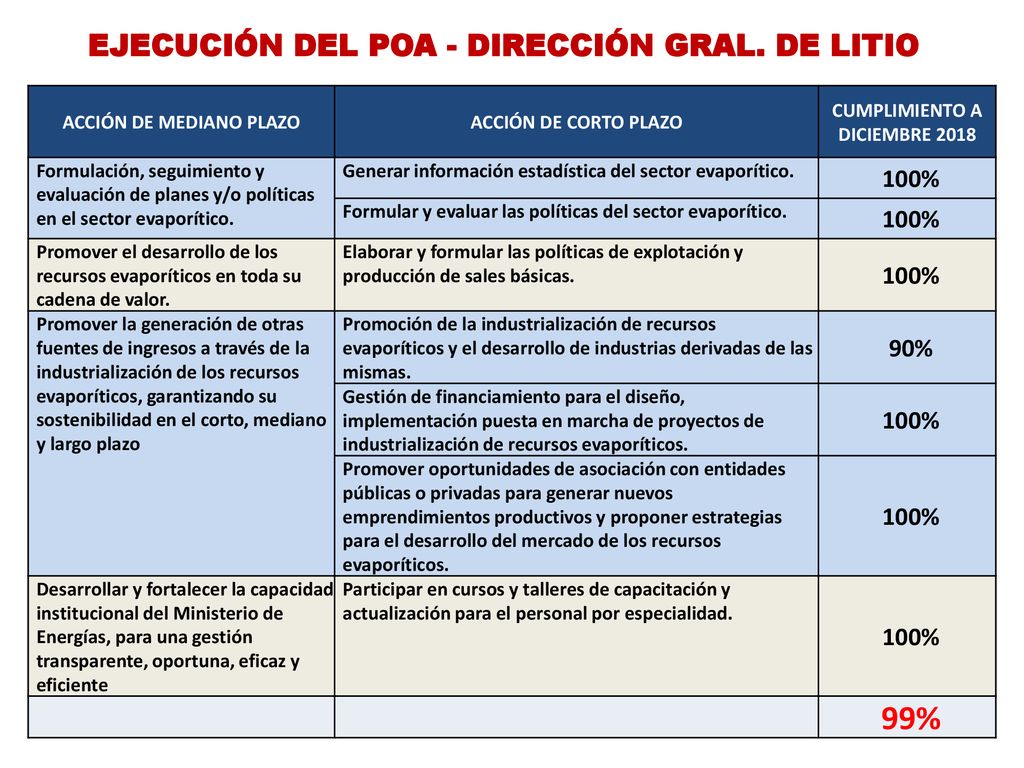 99% EJECUCIÓN DEL POA - DIRECCIÓN GRAL. DE LITIO 100% 90%