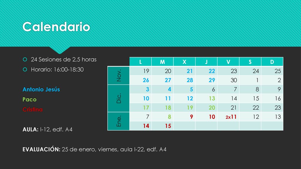 Calendario 24 Sesiones de 2,5 horas Horario: 16:00-18:30 Antonio Jesús