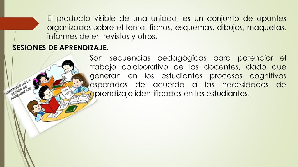 El producto visible de una unidad, es un conjunto de apuntes organizados sobre el tema, fichas, esquemas, dibujos, maquetas, informes de entrevistas y otros.
