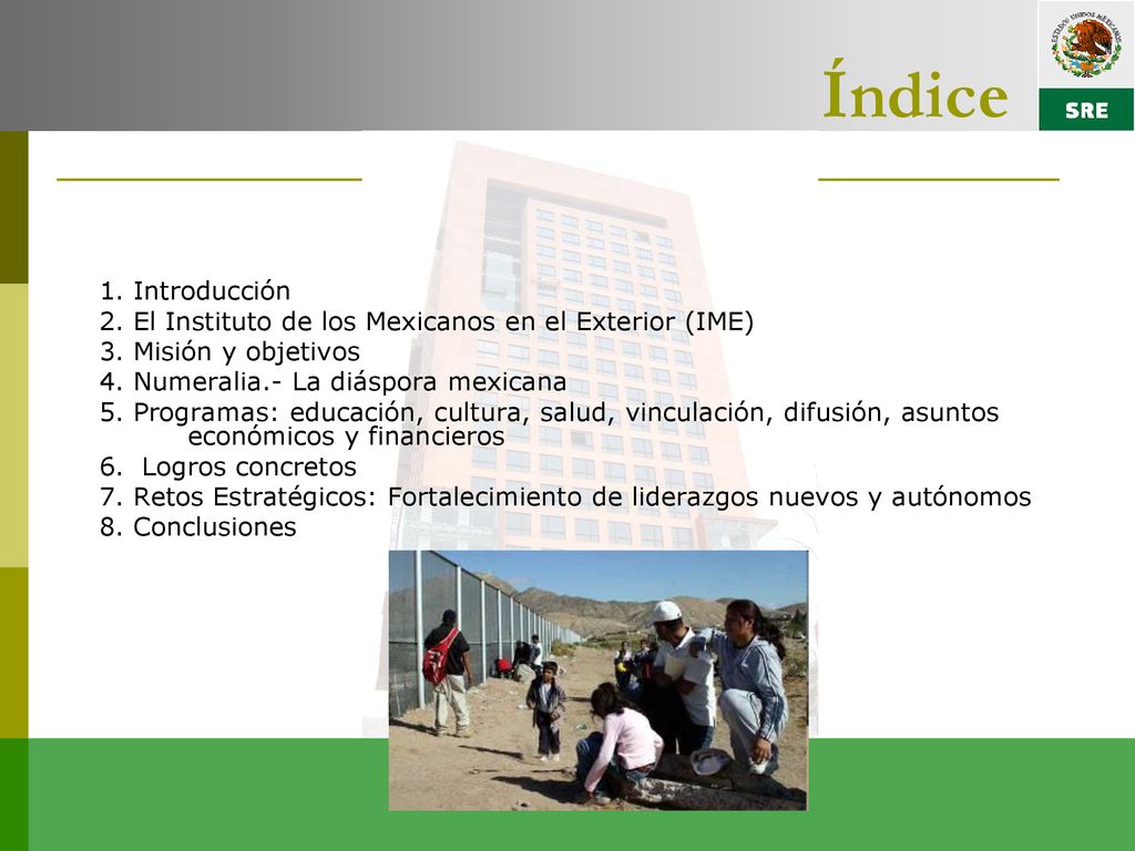 Índice 1. Introducción. 2. El Instituto de los Mexicanos en el Exterior (IME) 3. Misión y objetivos.