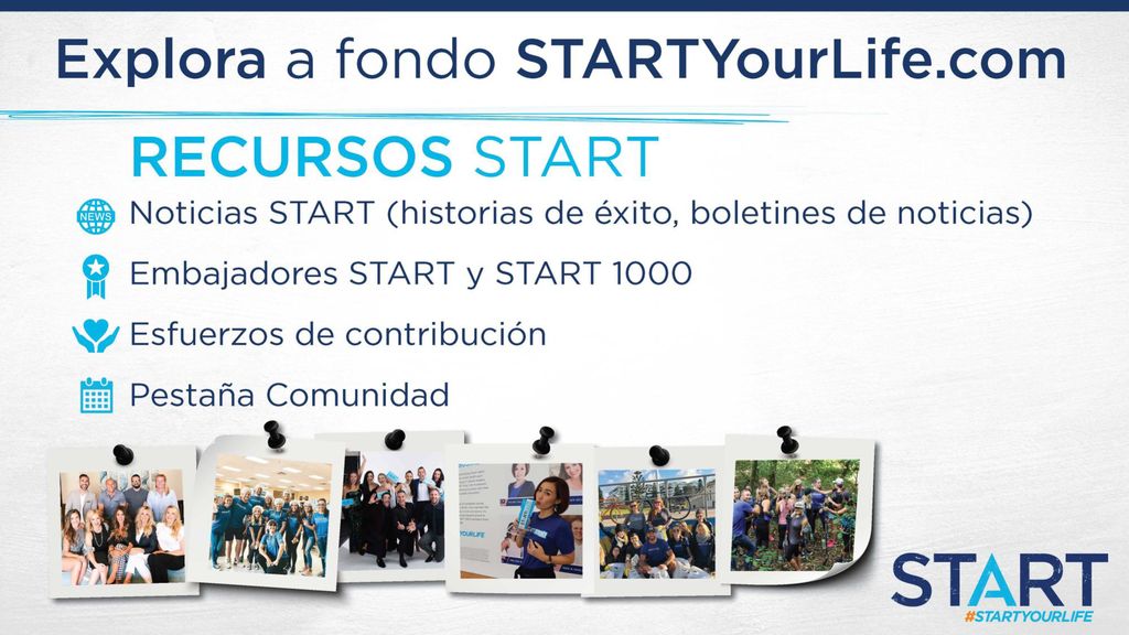 (Comunidad) Formas en que puedes conectarte con otros miembros START y un calendario de eventos patrocinados por la compañía, llamadas y sesiones de capacitación.