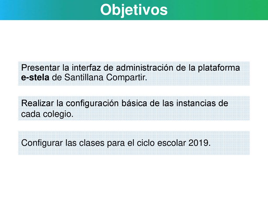 Objetivos Presentar la interfaz de administración de la plataforma e-stela de Santillana Compartir.