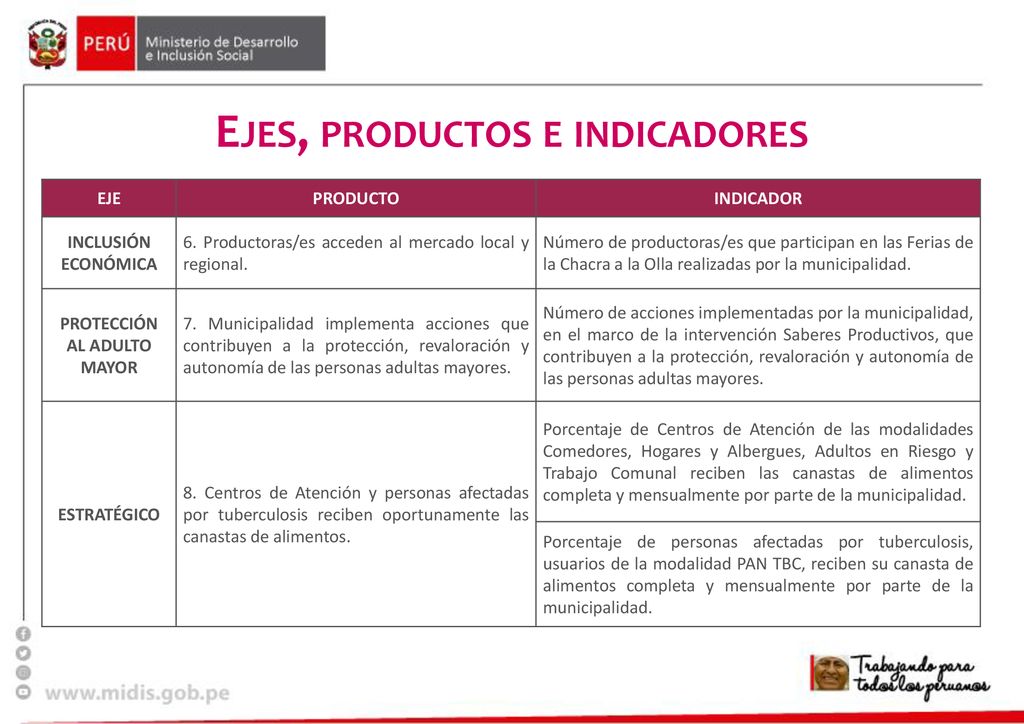 Ejes, productos e indicadores