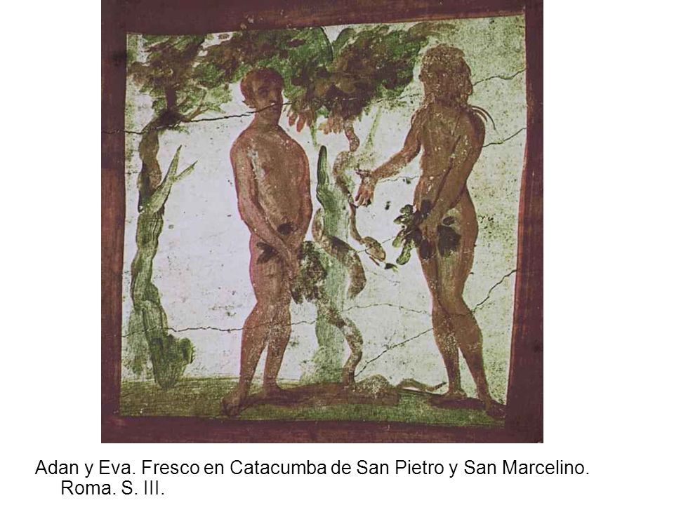 Adan y Eva. Fresco en Catacumba de San Pietro y San Marcelino. Roma. S