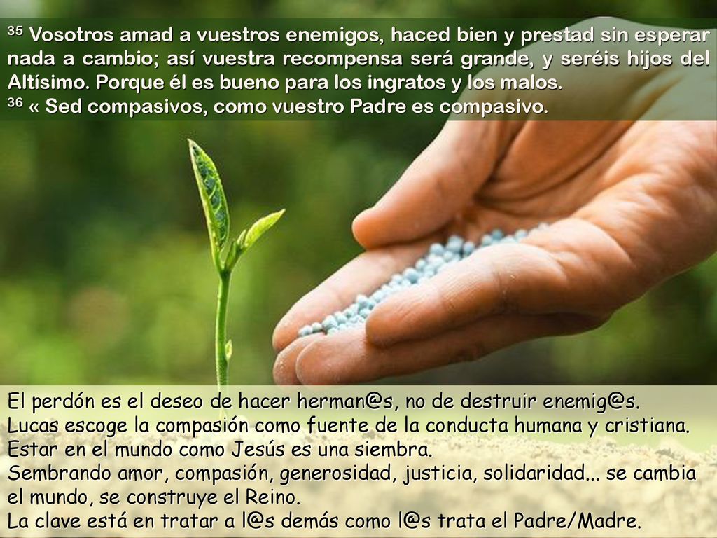 35 Vosotros amad a vuestros enemigos, haced bien y prestad sin esperar nada a cambio; así vuestra recompensa será grande, y seréis hijos del Altísimo. Porque él es bueno para los ingratos y los malos.
