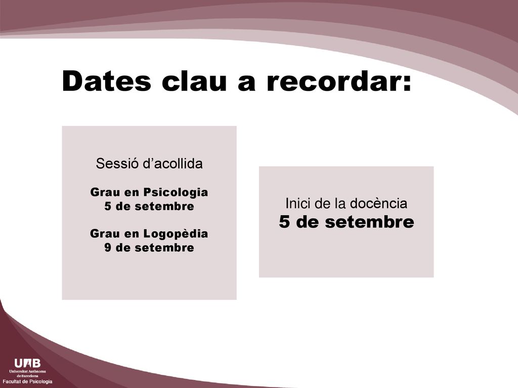 Dates clau a recordar: 5 de setembre Sessió d’acollida