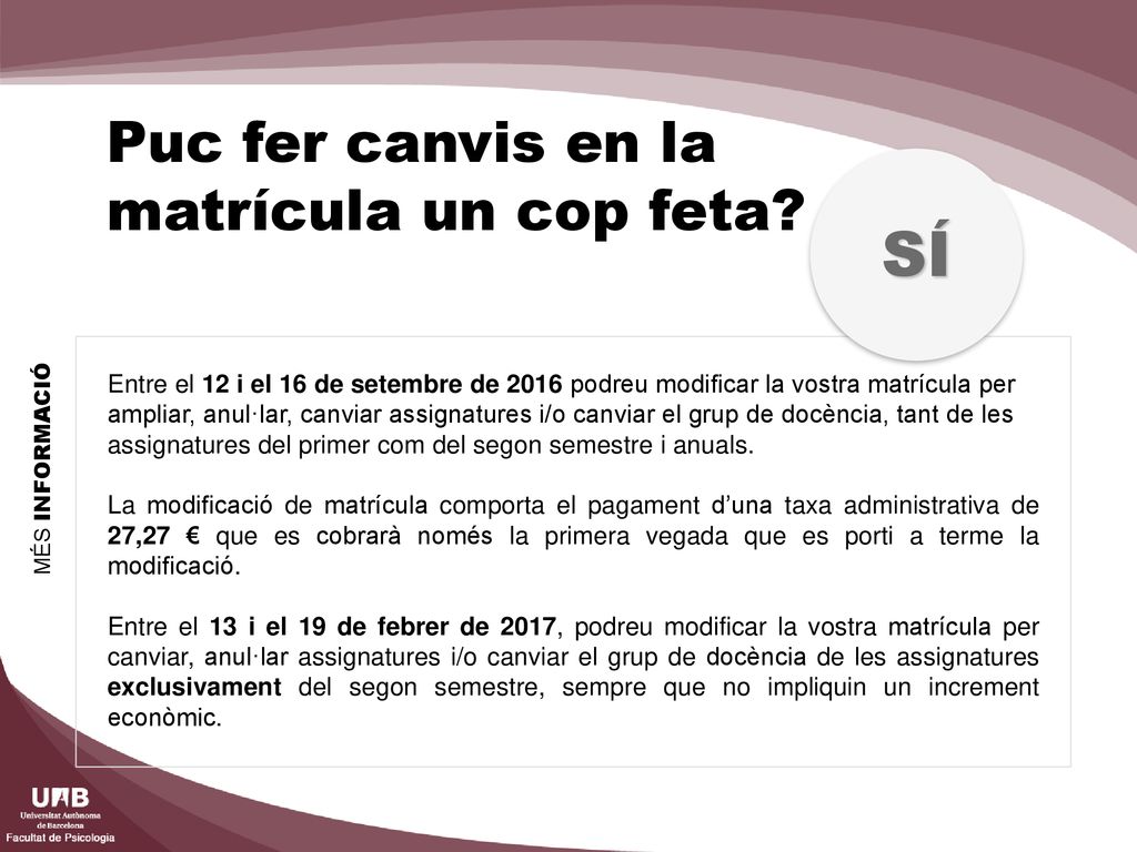 SÍ Puc fer canvis en la matrícula un cop feta