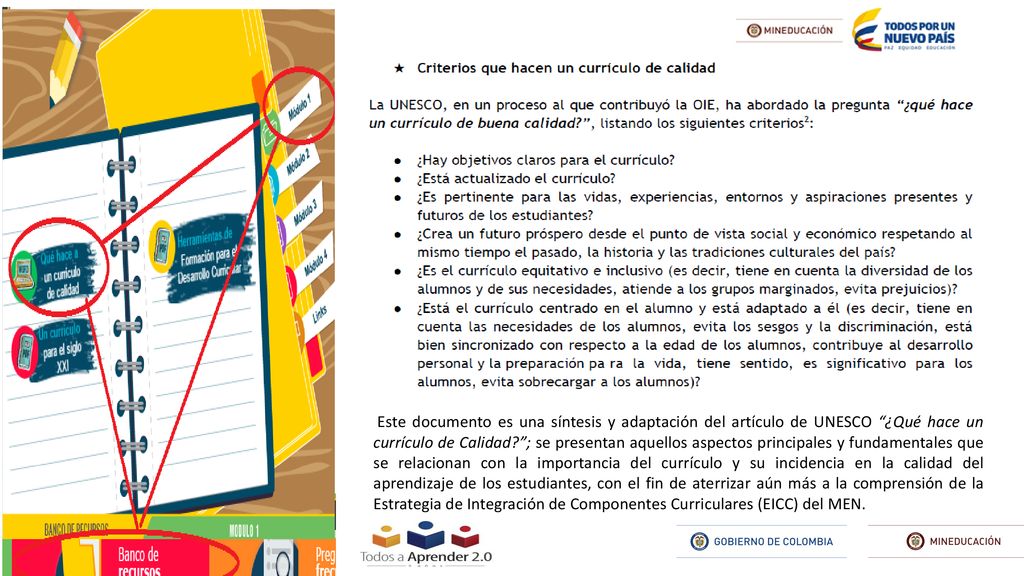En esta presentación de observa la ruta para acceder ala lectura que Hace a un currículo de Calidad: Modulo 1 -Banco de Recursos