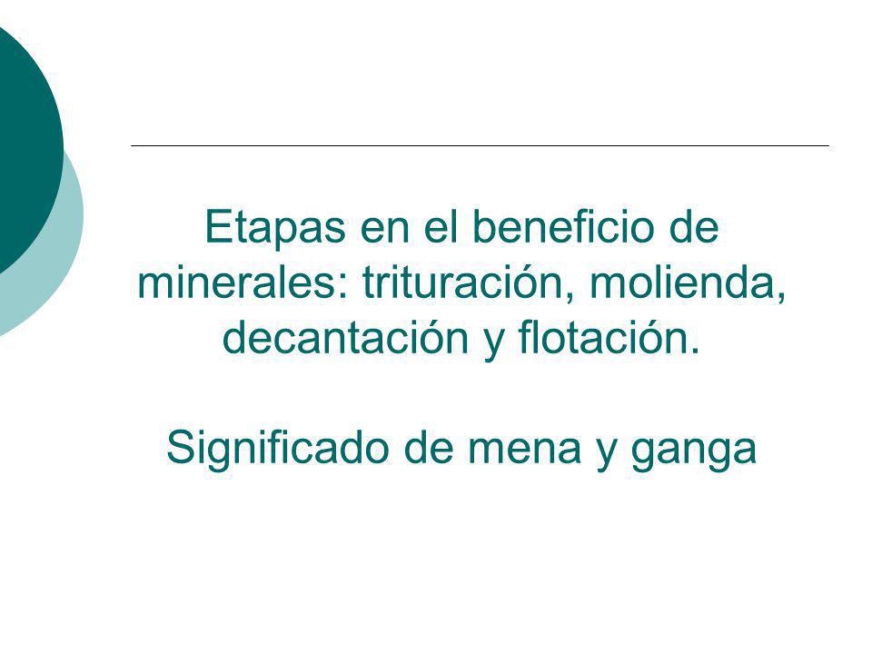 Etapas en el beneficio de minerales: trituración, molienda, decantación y flotación.