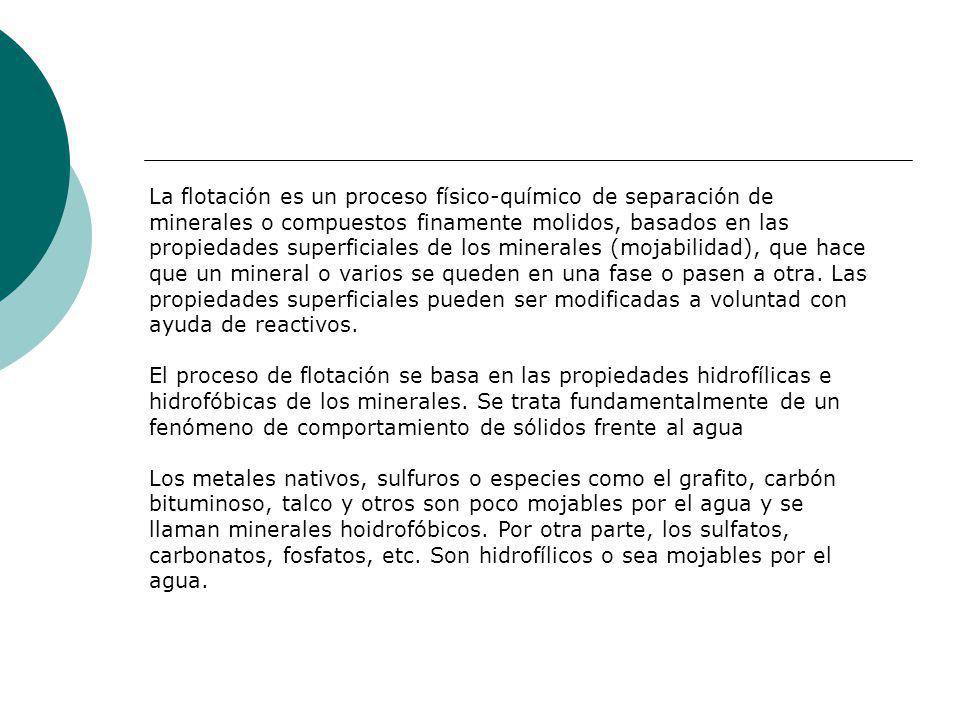 La flotación es un proceso físico-químico de separación de minerales o compuestos finamente molidos, basados en las propiedades superficiales de los minerales (mojabilidad), que hace que un mineral o varios se queden en una fase o pasen a otra. Las propiedades superficiales pueden ser modificadas a voluntad con ayuda de reactivos.