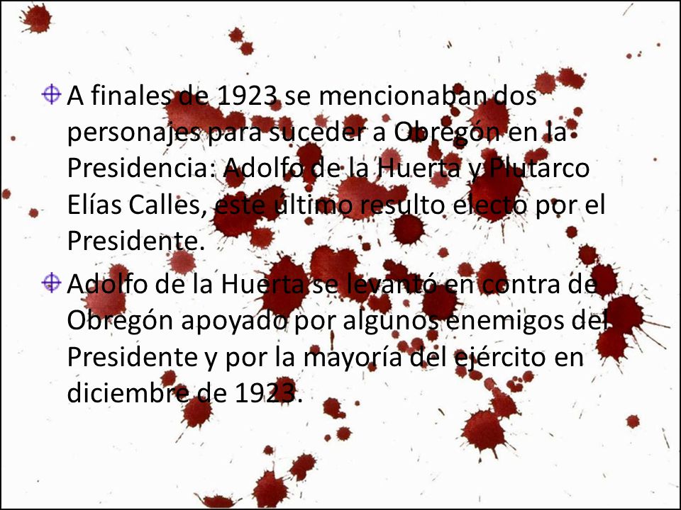 A finales de 1923 se mencionaban dos personajes para suceder a Obregón en la Presidencia: Adolfo de la Huerta y Plutarco Elías Calles, este último resulto electo por el Presidente.