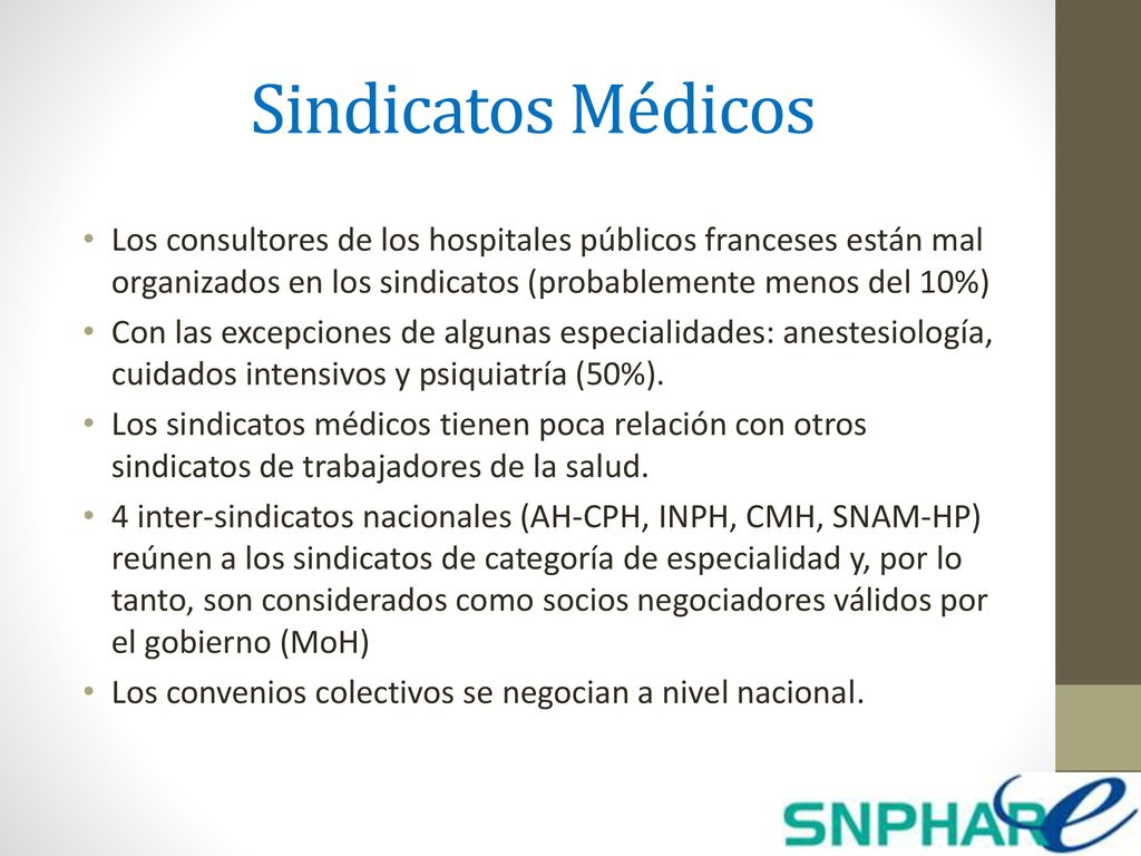 Sindicatos Médicos Los consultores de los hospitales públicos franceses están mal organizados en los sindicatos (probablemente menos del 10%)