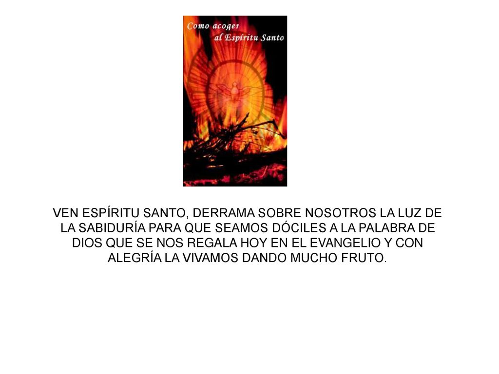 VEN ESPÍRITU SANTO, DERRAMA SOBRE NOSOTROS LA LUZ DE LA SABIDURÍA PARA QUE SEAMOS DÓCILES A LA PALABRA DE DIOS QUE SE NOS REGALA HOY EN EL EVANGELIO Y CON ALEGRÍA LA VIVAMOS DANDO MUCHO FRUTO.