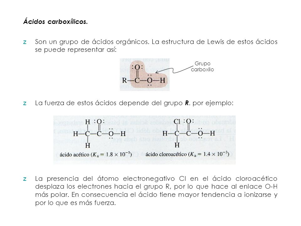 La fuerza de estos ácidos depende del grupo R. por ejemplo: